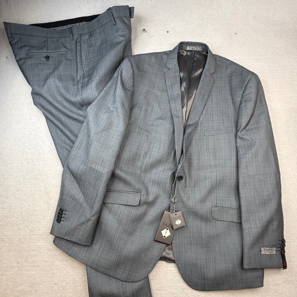 Tazio Italy Mens Ultra Slim Fit 2 Piece Suit Gray Sharkskin 50R 44W NWT sleek - Picture 2 of 16